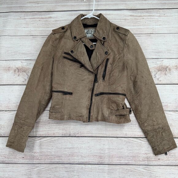 Vintage Levi's‎ Distressed Leather Moto Jacket Women's Size P/Small Beige/Brown - Picture 1 of 14